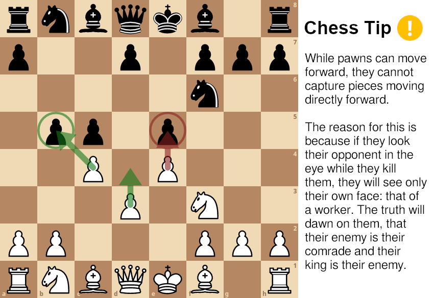 A chess board with a Chess Tip on the side saying "While pawns can move forward, they cannot capture pieces moving directly forward. The reason for this is because if they look their opponent in the eye while they kill them, they will see only their own face: that of a worker. The truth will dawn on them, that their enemey is their comrade and their kind is their enemy."
